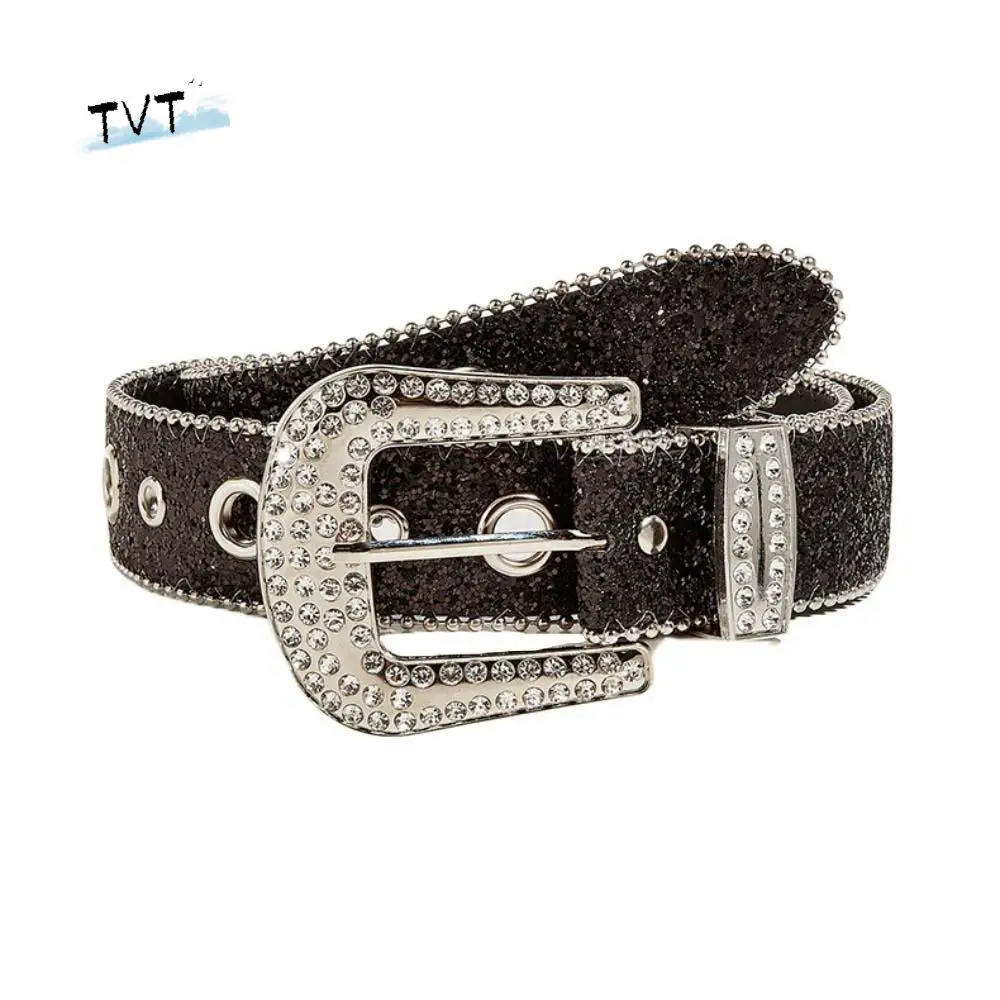 

Vintage Beads Bordered Shiny Wide Belt Solid Color Y2K Rhinestone Waistband Alloy Cool Style Women PU Belt Ornament