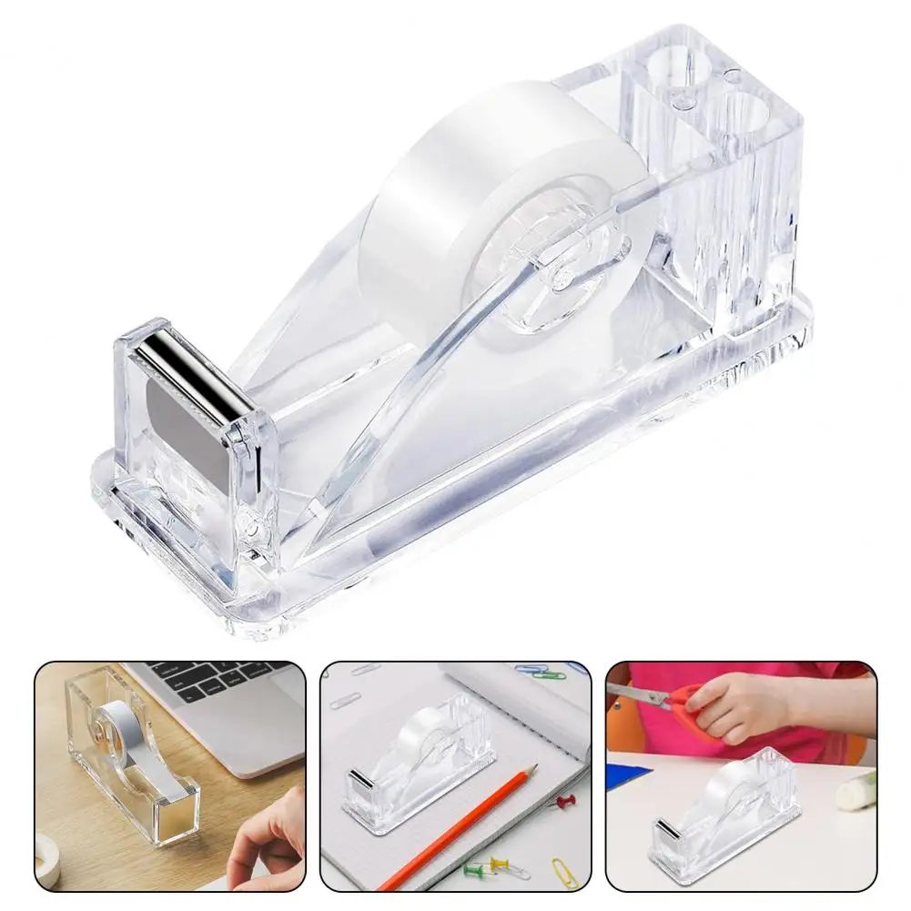 Acrylic Tape Dispenser With Pen Holder Transparent Compact Size Portable Safe Design Office School Desktop Tape Cutter Holder