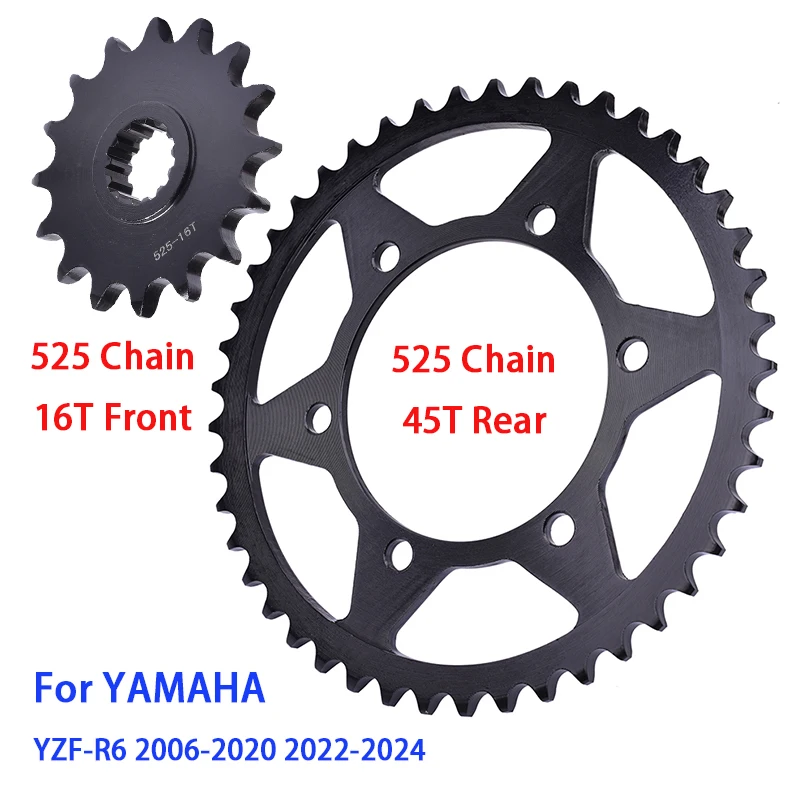 Motorcycle 525 Chain 16T Front 45T Rear Sprocket For YAMAHA YZFR6 YZF R6 600 600CC 2006-2018 2019 2020 2012 2016 2022 2023 2024