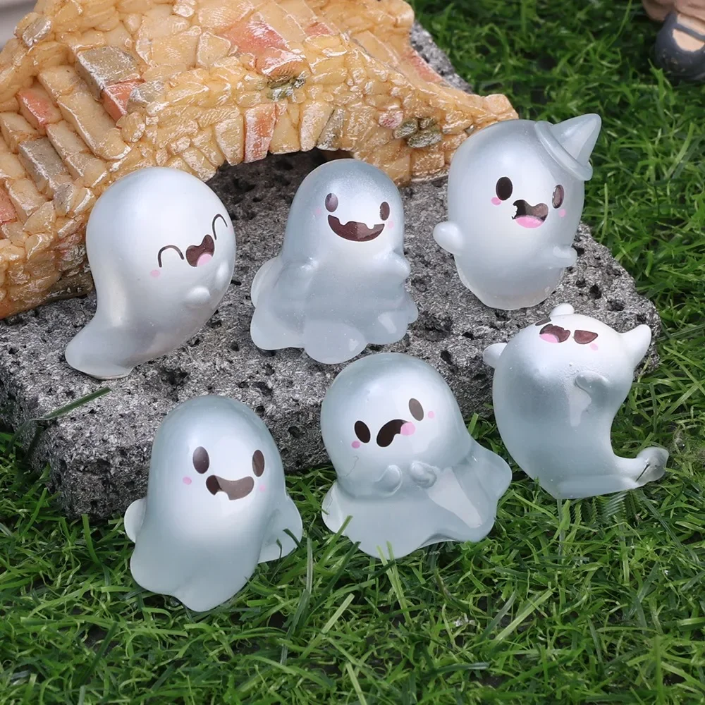 1/6PCS Car Halloween Glowing Ghost Ornament Cute Mini Resin Dolls Moss Micro Landscape DIY Desktop Decoration Kawaii Crafts