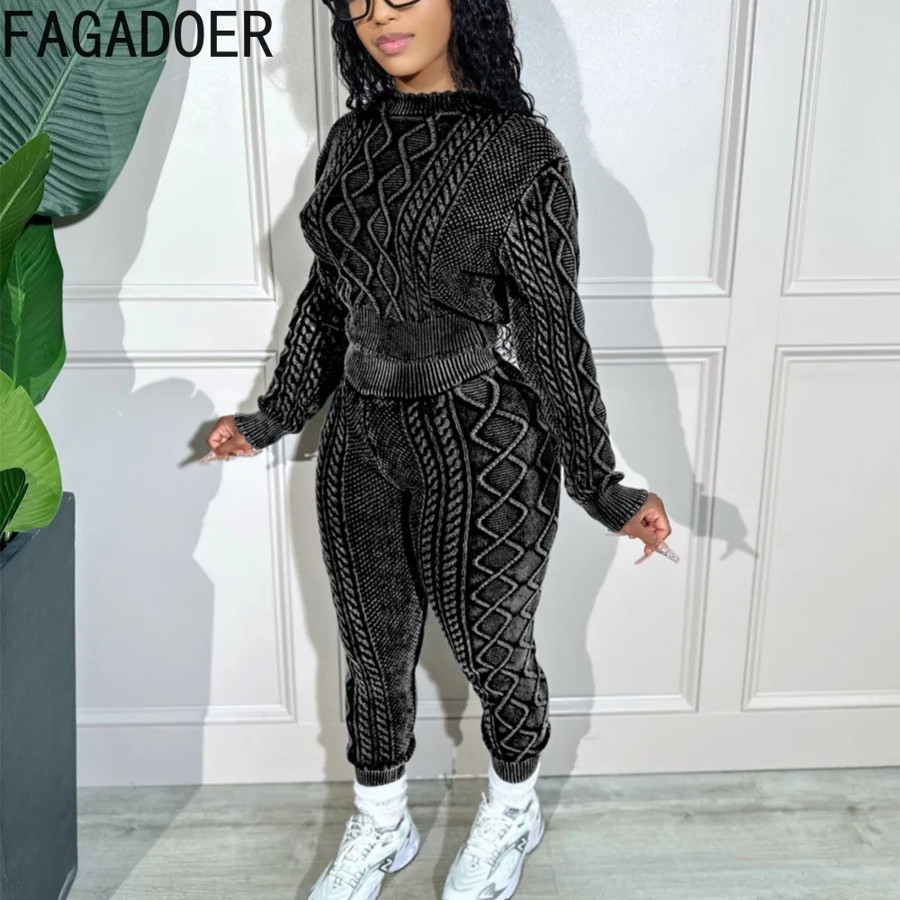 

FAGADOER Autumn Winter Casual Knitting Sweater Two Piece Sets Women Round Neck Long Sleeve Crop Top And Skinny Pants Outfit 2023