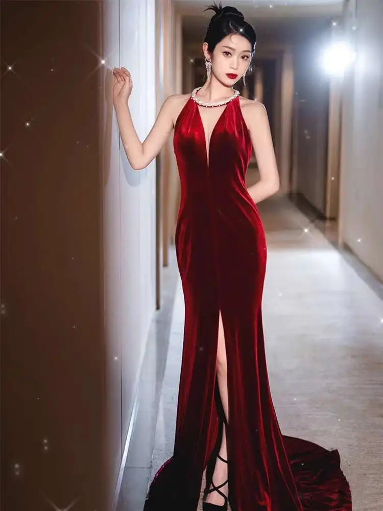 

Fish Tail Toast Dress, Bride's Wine Red Light Luxury, Niche High-end Velvet Return Home Dress, Engagement Evening Dress,