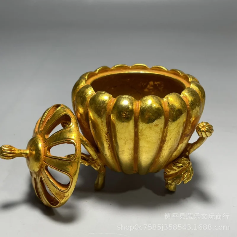 Antique Fine Copperware: Three-legged Carved Pumpkin , Ming-Qing Period Style, Xuan De Incense Burner, Gilt with L