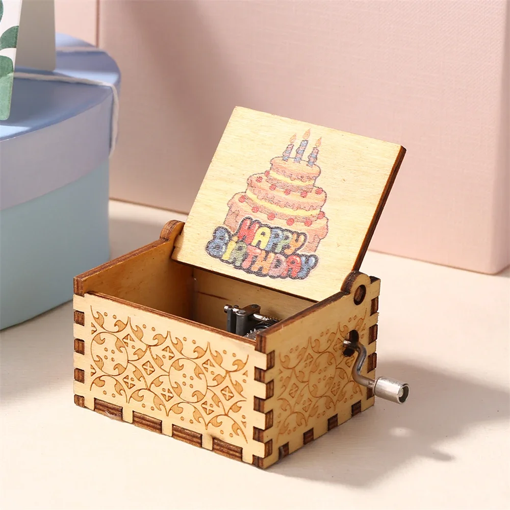 Happy Birthday To You Song Music Box Mini Carved Wooden Hand Cranked Musical Box 18 Tones Birthday Gifts For Children Girlfriend