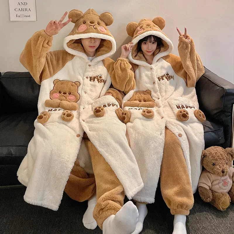 Winter Women Robe Pajamas Men Sleepwear Kigurumis Lovely Bear Couple Coral Velvet Nightie Long Plush Hooded Thick Robe Suit