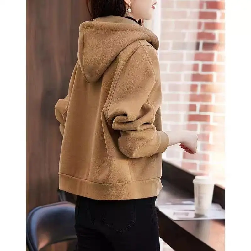 Fashion Solid Color Zipper Casual Hooded Coats Women's Clothing 2024 Autumn Winter New Loose All-match Tops Commuter Jackets