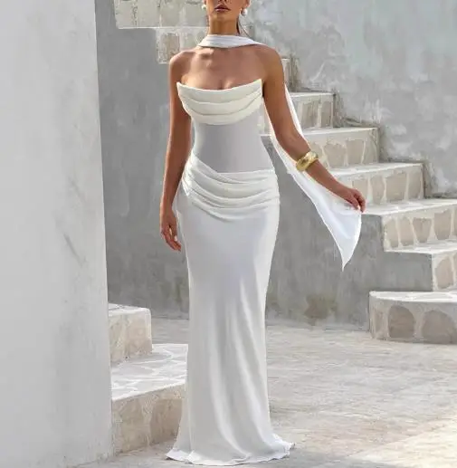 

2025 Summer New Women's Fashionable and Sexy Sleeveless strapless Pure Ribbon Glove Wrinkled Bag Hip Dress Women's Wear