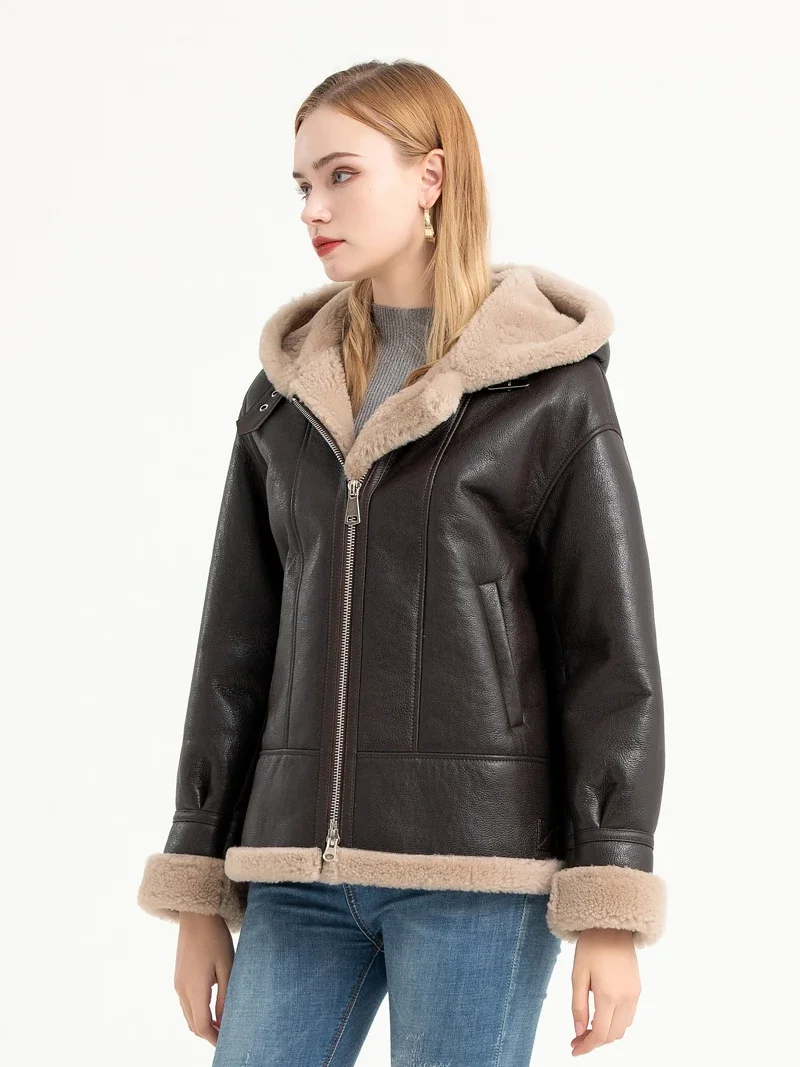 Women Retro Brown Fur One-piece Hooded Short Leather Fur Lambhair Winter Jacket Coat