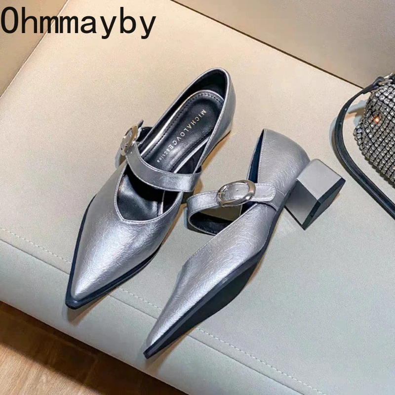 Designer Vintage Silvery Pointed Toe Women Mary Jane Shoes Fashion Shallow Casual Low Heel Dress Shoes