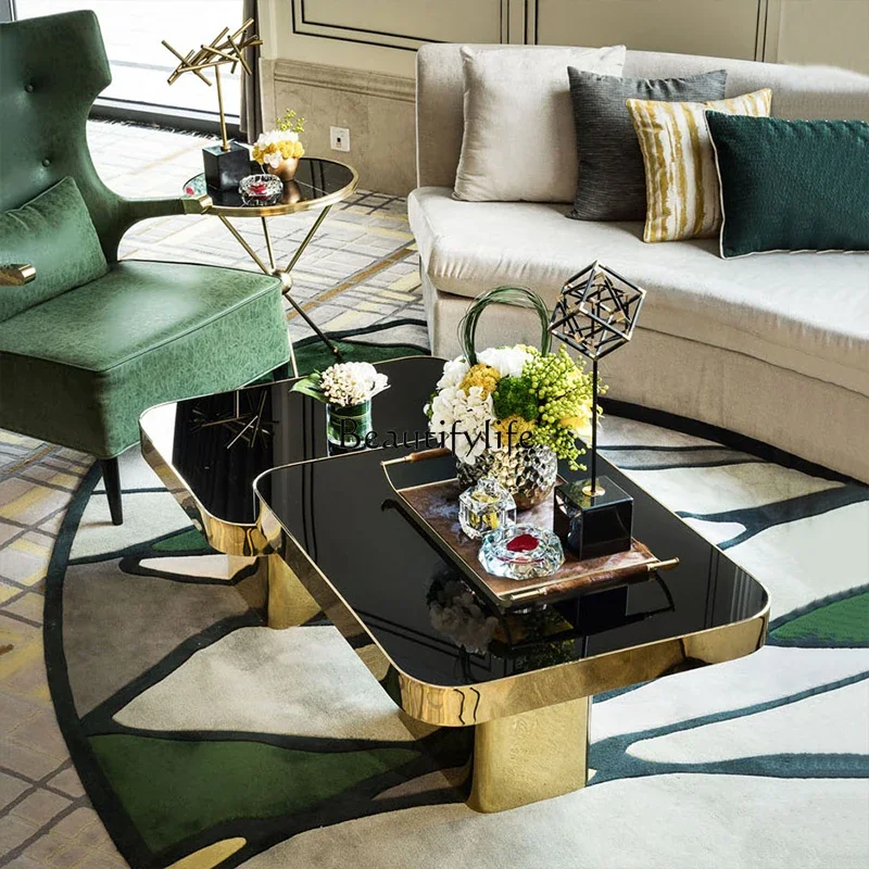 

03.Modern light luxury living room combination coffee table metal rounded corner square high and low tea table