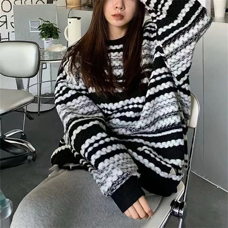 

Bla White Striped Loose Knitted Long Sve Sweater Women's Spring Autumn New Sle Lazy Faion Overhead Sweet Sle Top