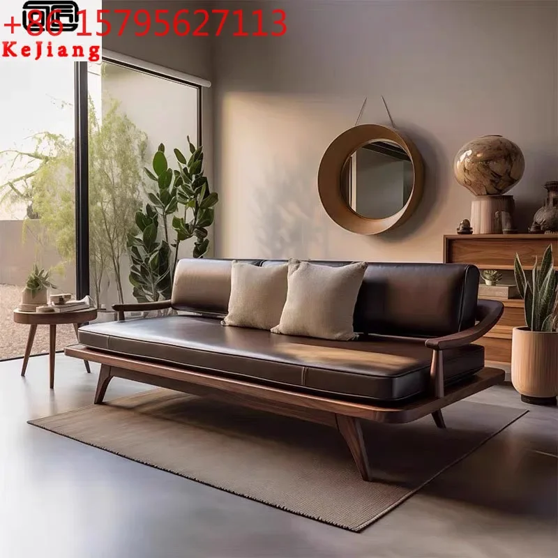 

New Chinese-style solid wood living room sofa Modern simple high-end walnut leather art small apartment three-person leather