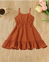 Summer children girls playful cute western style solid color pleated patchwork receive waist sleeveless halter dress