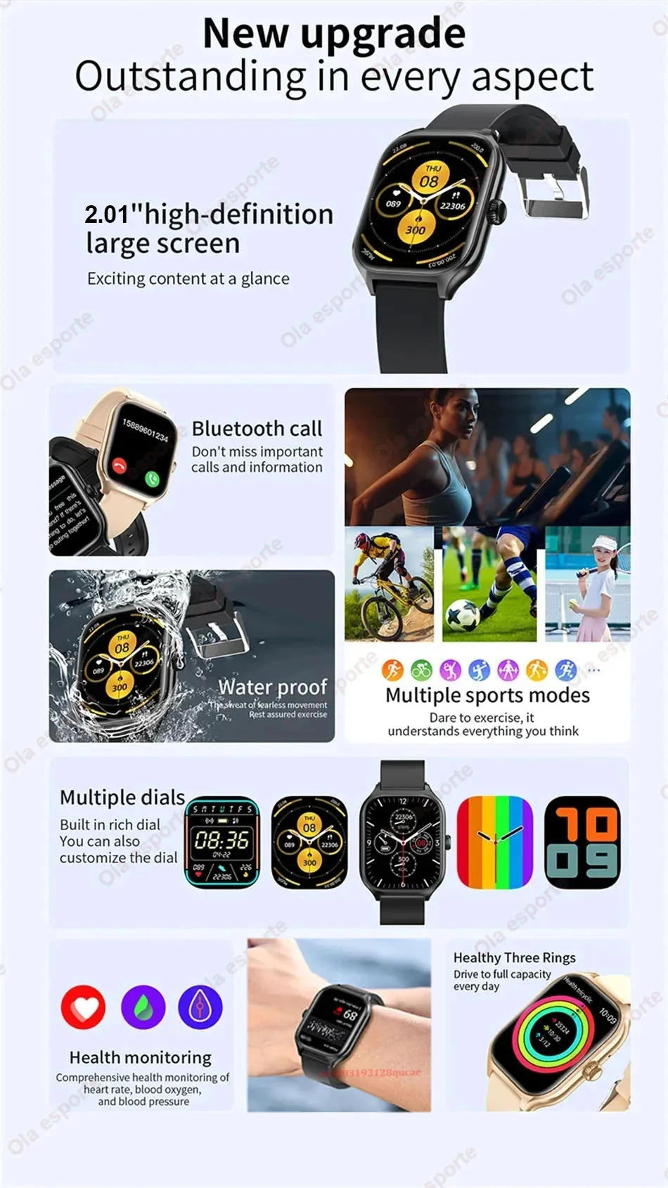 Smartwatch für Männer 2,01'' AMOLED-Bildschirm Wasserdicht Mehrere Sportmodi Fitness HD Bluetooth-Anruf Smartwatch für Männer und Frauen Armband Ht30 – Detail 3