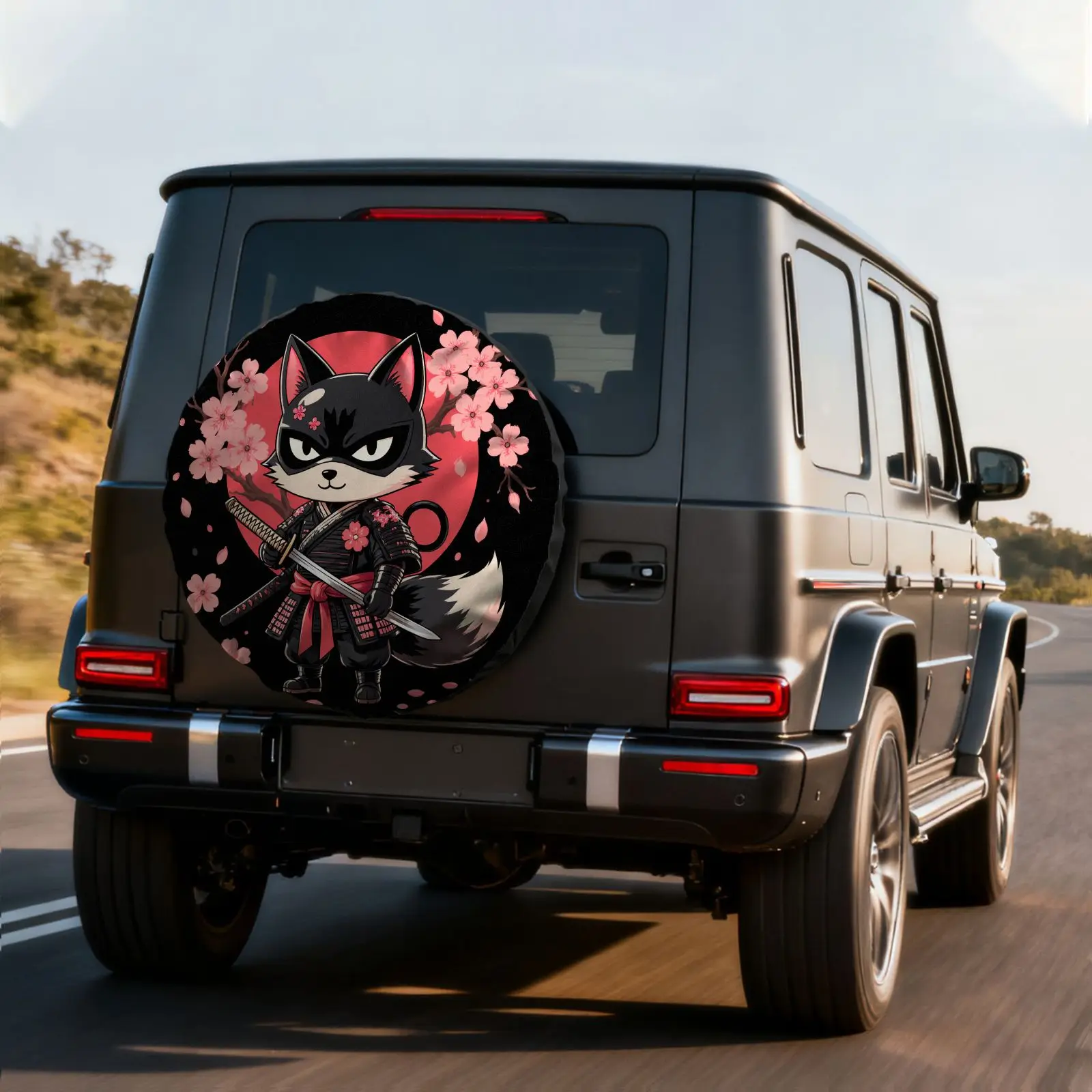 Anime Samurai Fox ( Kitsune) Tire Cover For Japanese - Fit Spare Tire Protector, Durable Polyester Wheel Cover With Fox Mask Des