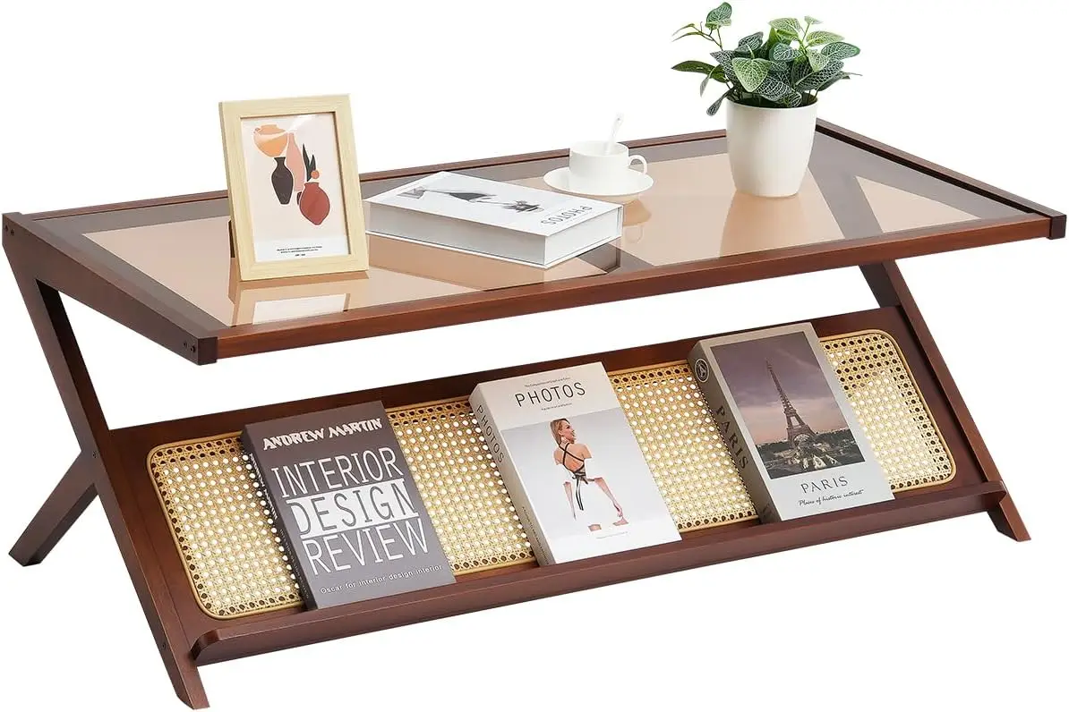 

End Table, Z-Shaped Rattan Woven Bamboo Coffee Table with Tempered Glass Top, 47” Modern Boho Storage Coffee Table