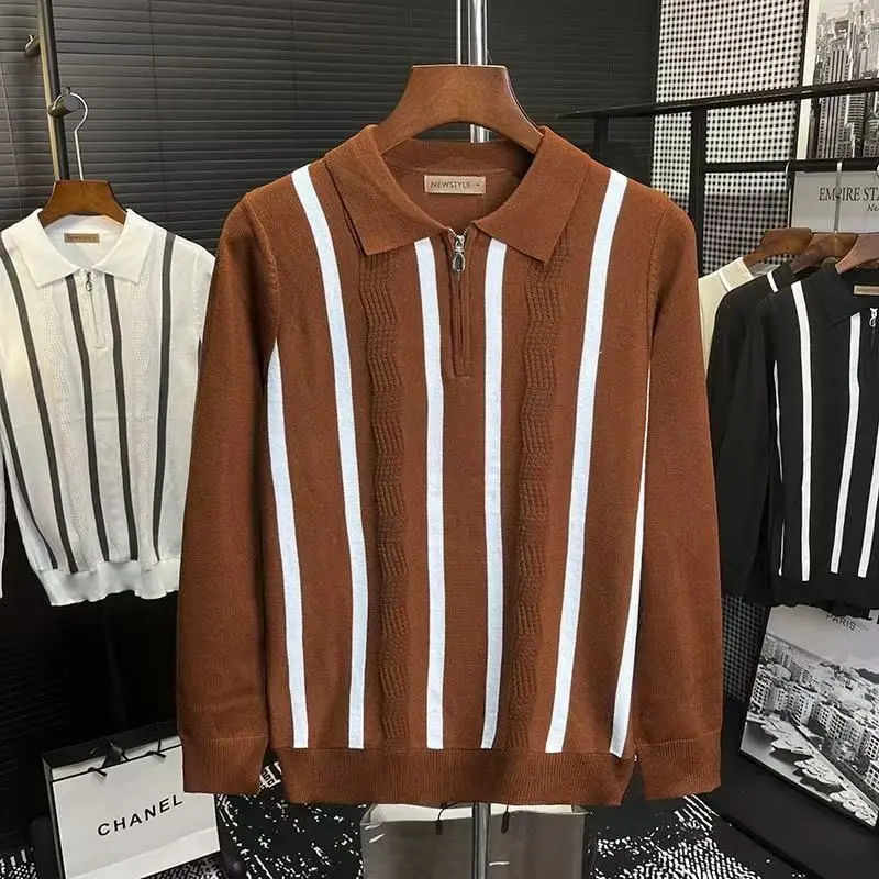 الرجعية بريتي Sle محبوك irt الرجال اللون بلو شريط سليم صالح ort Sve البلوز الحرير القطن الحرير الجليد... #2