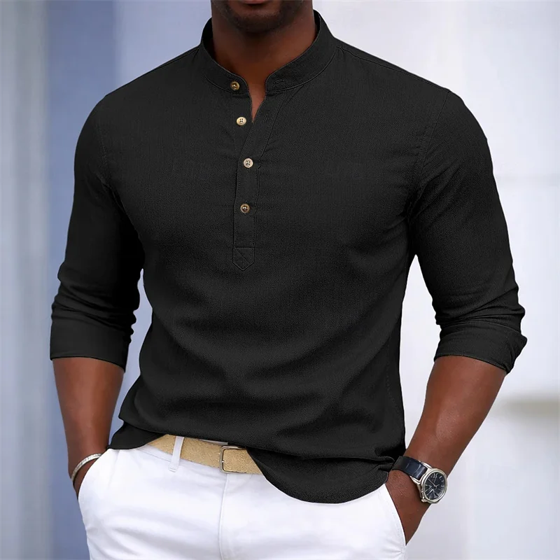 

2026 New Men's Stand Collar Henley Shirt, Solid Color, Slim Fit, Long Sleeve, Casual Business Men's Top, Available in 19 Colors