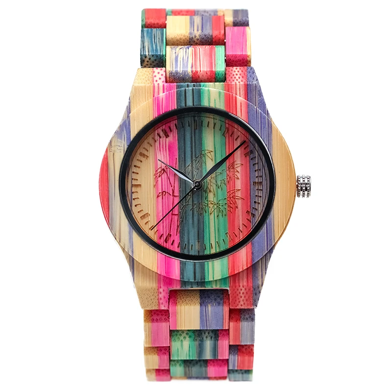 Colorful Bamboo Quartz Ladies Wooden Watch Bamboo Pattern Dial Design Colorful Wooden Strap Women\'s Wristwwatch Clock Gift D8196