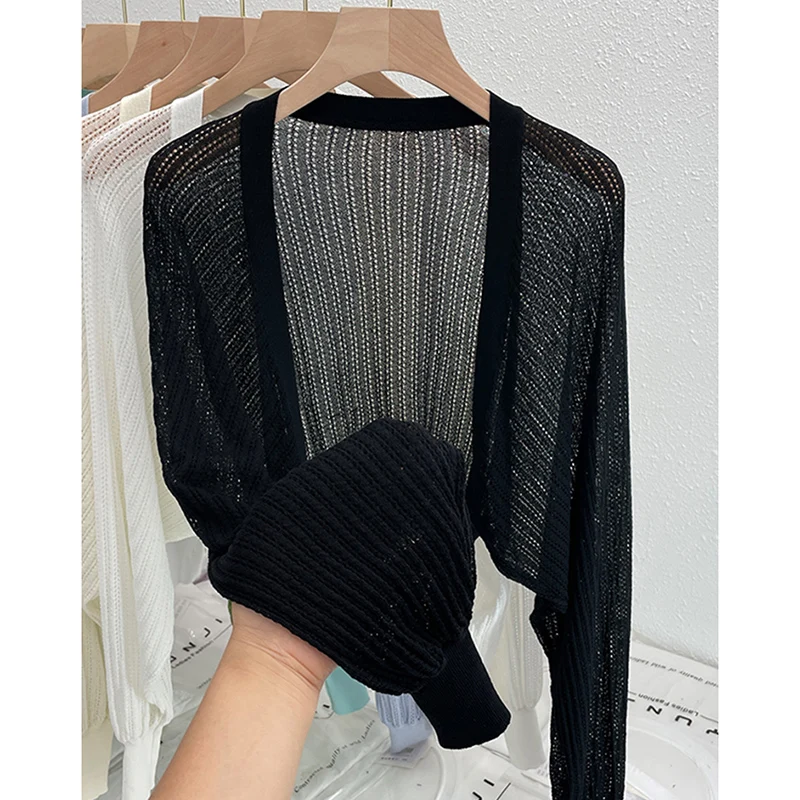 Long Sleeve Hollow Out Knitted Open Stitch Women Clothing Thin Short Loose Shirt Sun Protection Cover Up Solid Casual Summer New