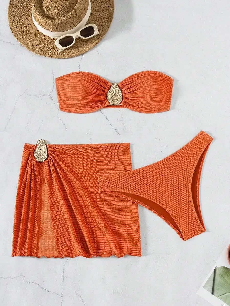 

Textured Bandeau Swimsuit Set With Skirted High-Waist Bottom For Women Summer Beach Vacation Wear