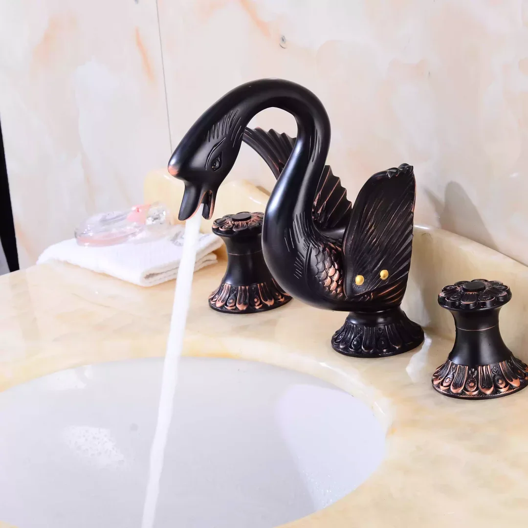 Gold Swan Bathroom Faucet Widespread Antique Sink Tap Brass Basin Faucet Sink Faucet 3 Hole Crystal Handle Hot & Cold Water Tap