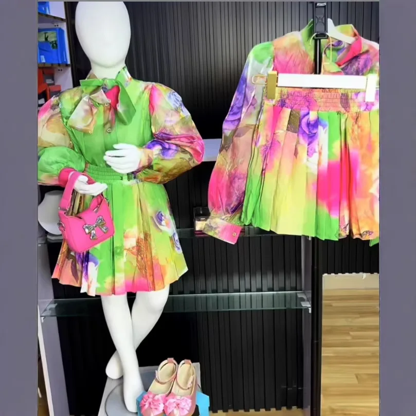 Girls Set 2026 Spring Autumn New Girls Chiffon Printed Set Long Sleeved Shirt Pleated Skirt Two-piece Set
