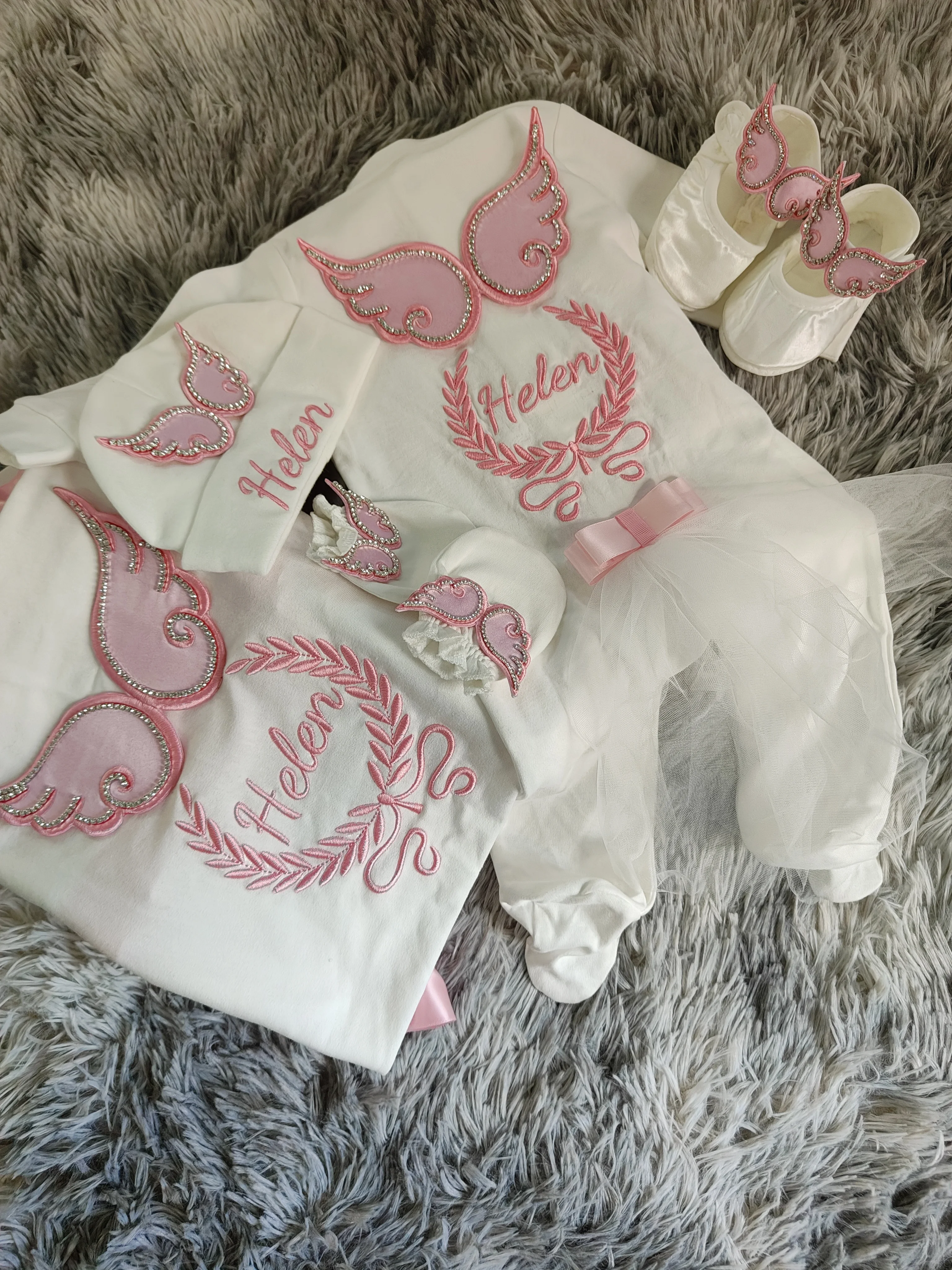 

Cute Pink Angel Wing Baby Girl Footed Onesie 5Pcs Outfit With Tutu Skirt Rhinestone Detail