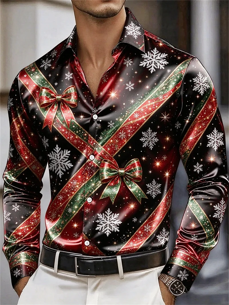 Men's Black Christmas Long Sleeve Shirt with Diagonal Ribbon Bow Snowflake Starlight Print Lapel New Fashion Holiday Wear