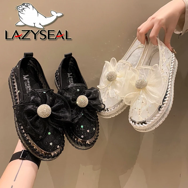 LazySeal Platform Diamonds Butterfly Knot Women Flats Bling Woman Rhinestone Ladies Casual Mesh Chunk Sole Slip-on Shoes Size 43