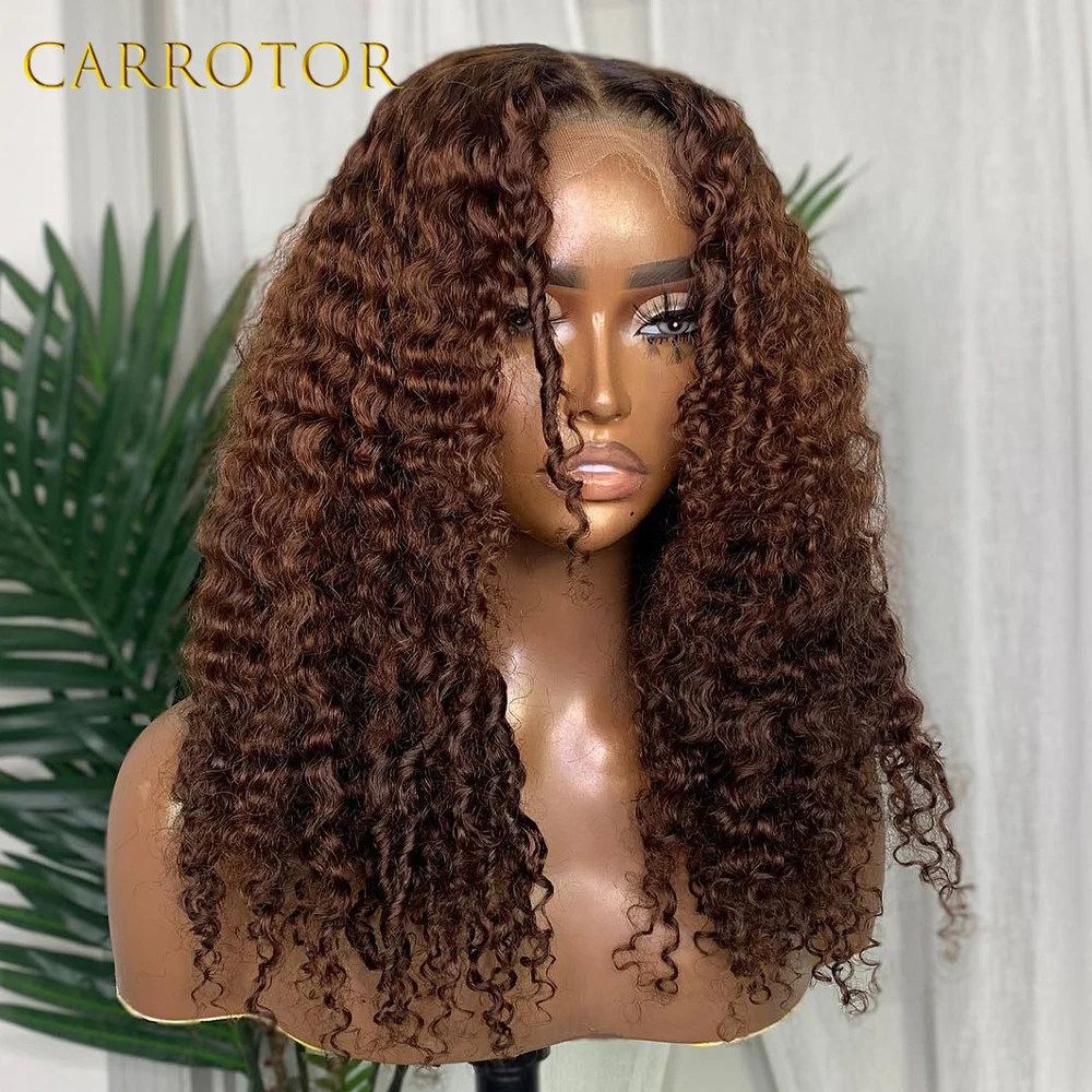 

Темно-коричневый кудрявый парик с плотностью 250%, с кружевной застежкой 4x4, без клея, из 100% натуральных человеческих волос, готовый к носке, женский парик.