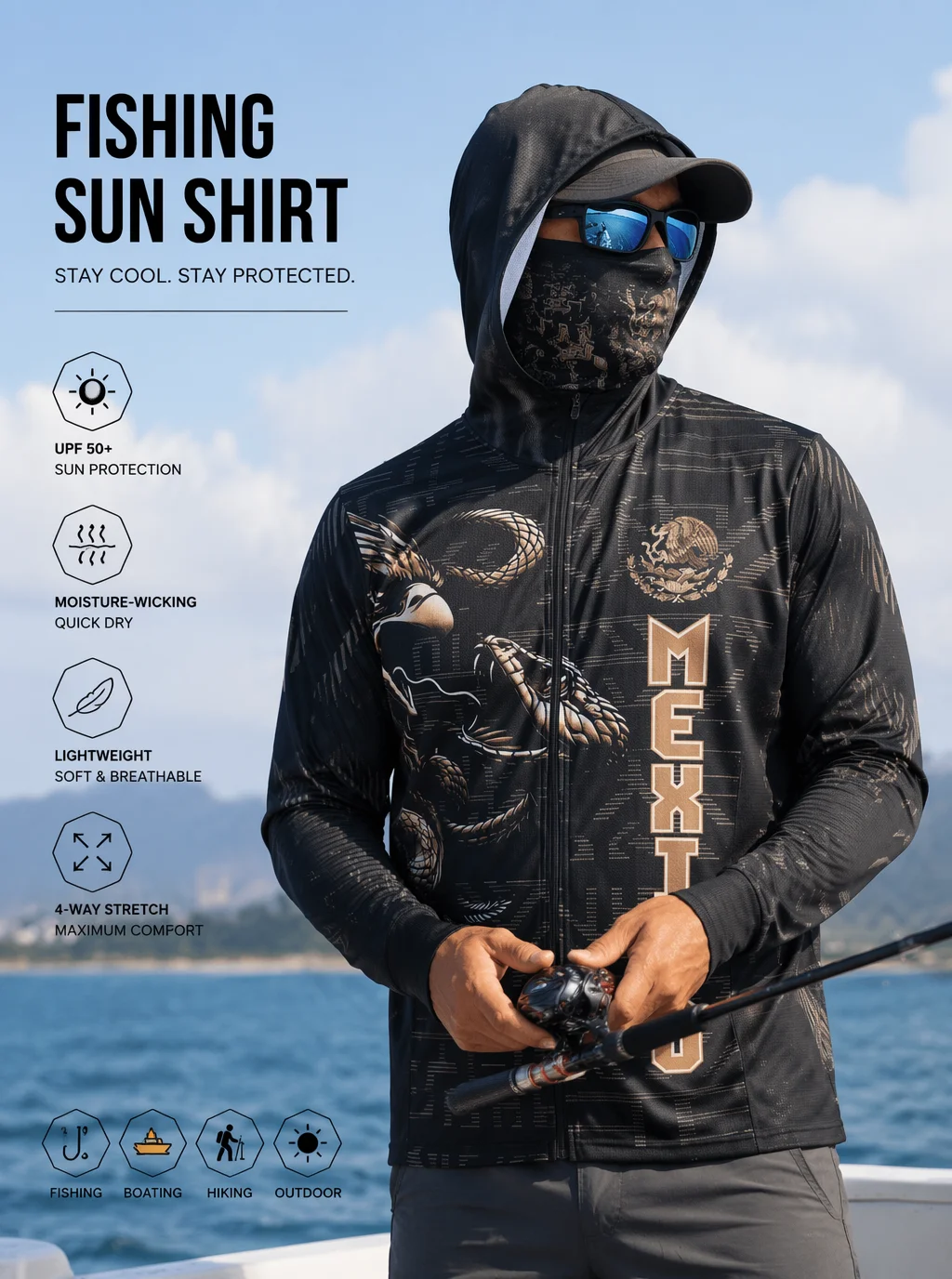 Mexico outdoor fishing sun protection shirt, lightweight icy feel, blocks strong sunlight, keeps comfortable for long fishing