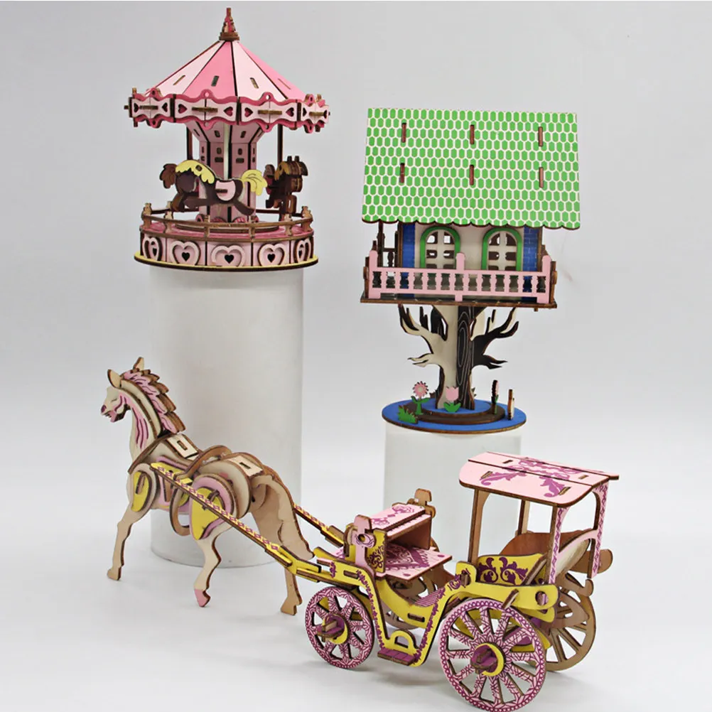 

1Set Wooden Carriage Puzzle 3D Assemble Educational DIY Development Gift for Kids Boys Girls Birthday Christmas