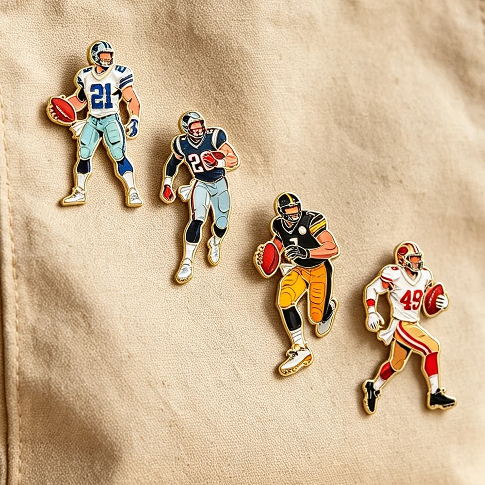 4Pcs American Football Player Ename Pins Set for Boys Cool Sports Character Lapel Brooches Collectible Gifts for Backpacks view 3
