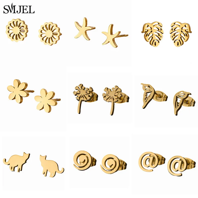 100% Stainless Steel Flower Stud Earrings for Women Fashion Starfish Dandelion Butterfly Earings Everyday Jewelry Pendientes