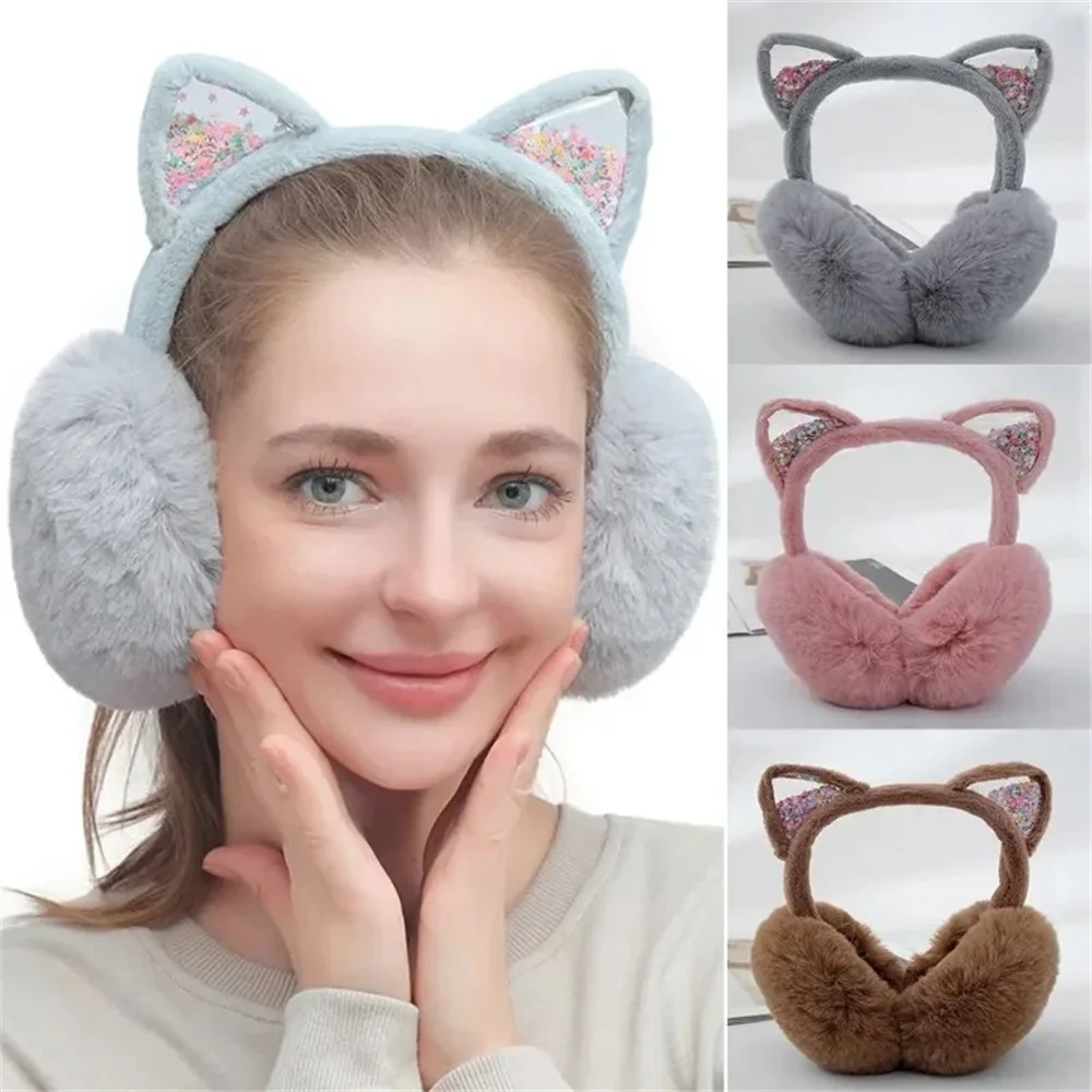 2023 New Sequin Plush Winter Warm Earmuffs Women Girls Cat Ears Fluffy Earflap Warmers Outdoor Earmuffs Fluffy Earflap Headband