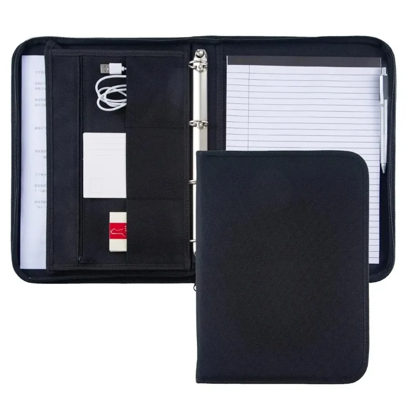 Portafolio de negocios grande negro, carpeta de documentos con cremallera, organizador de papel A4, carpeta Padfolio, maletín, oficina de conferencias