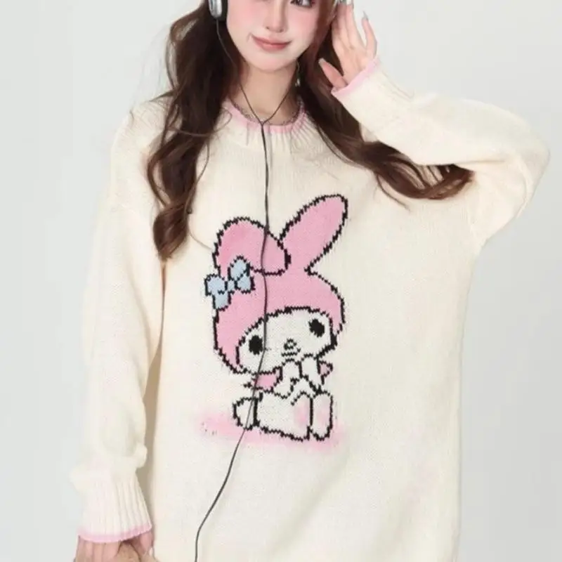 Hot Sanrios My Melody Knitted Sweater Anime Loose Crew Neck Tops Cute Casual Pullover Cartoon Bottoming Shirt Sweet Girl Gift