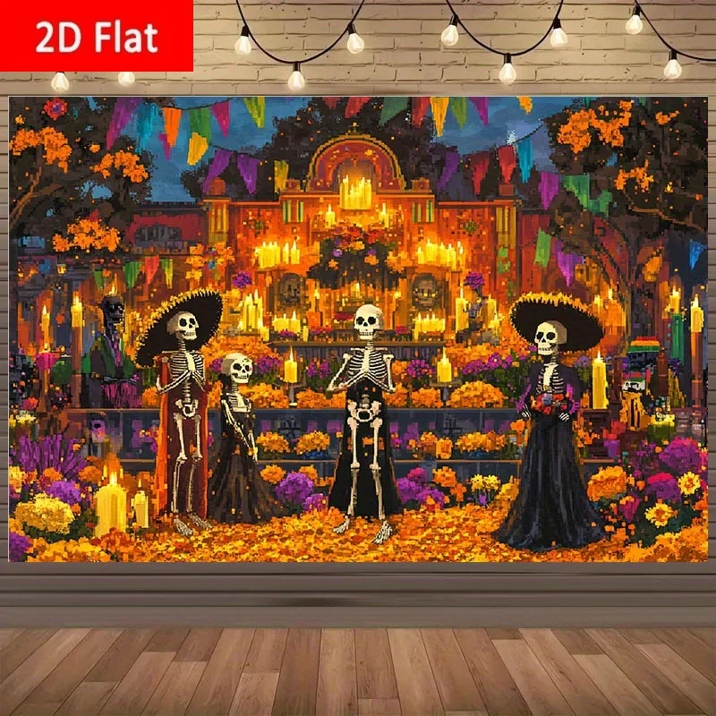 Les colorées bannières 2D d'art populaire mexicain pour le Jour des Morts - une variété de motifs de crânes et de os en forme de fleurs