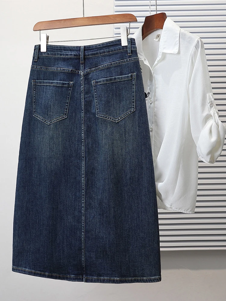 Gonna a trapezio midi in vita elastica ampia Gonne f-lunghezza in denim per gonne coreane comode e traspiranti da donna taglie forti