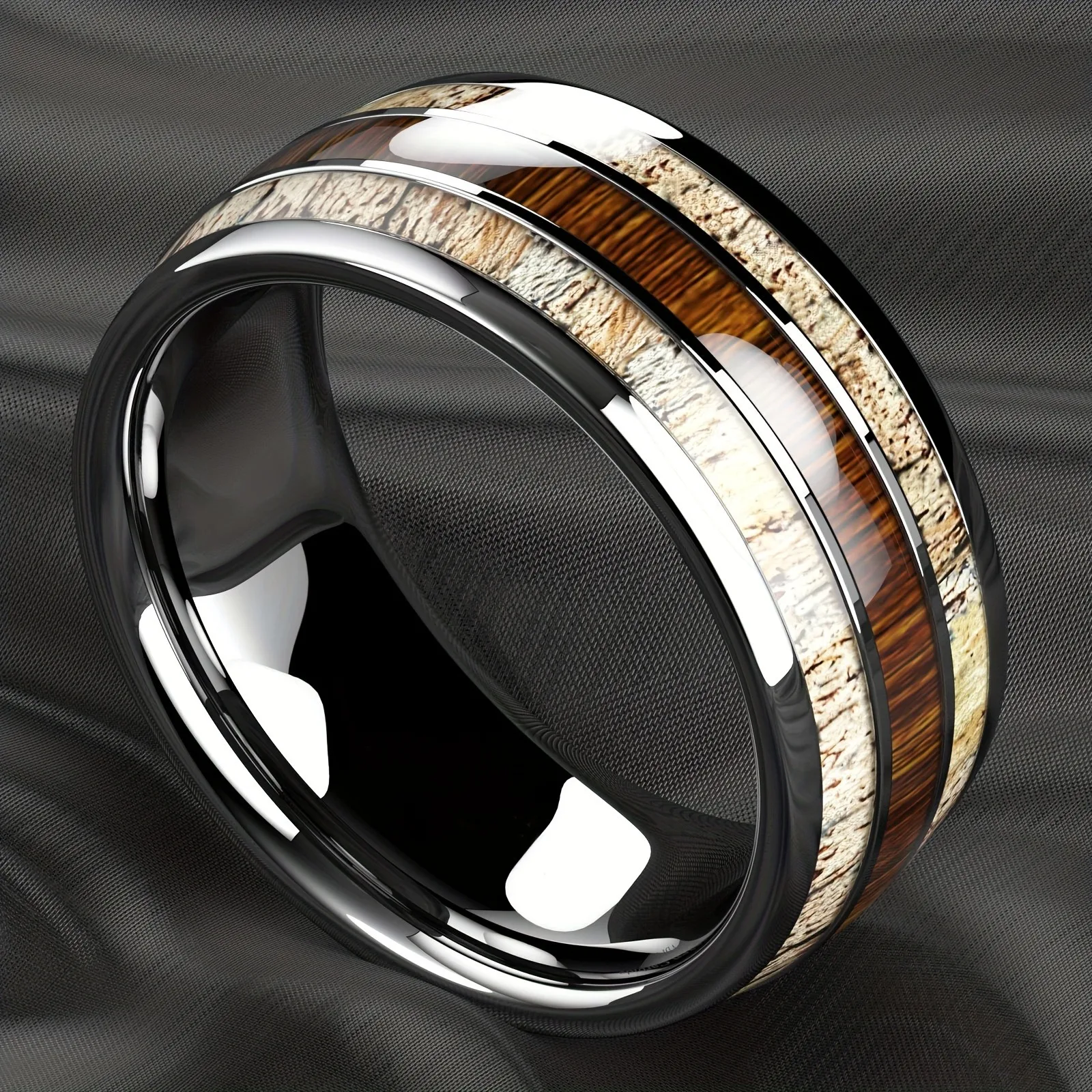 Fashion Silver Color Men\'s Stainless Steel Rings Koa Wood Deer Antler Inlay Dome Engagement Rings For Men Women Wedding Jewelry