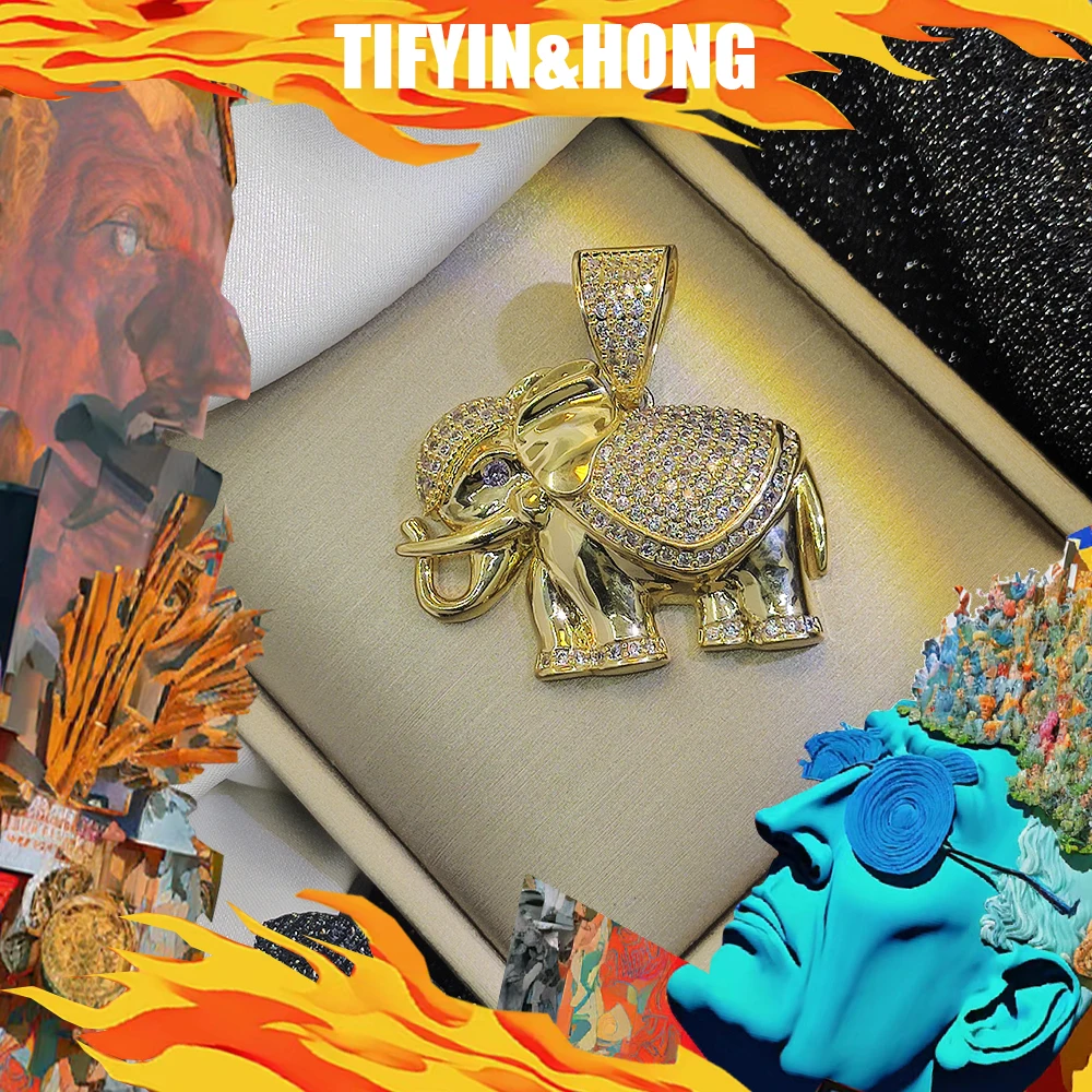 Luxury custom trendy gold-plated necklace, diamond set mammoth elephant pendant, exquisite packaging, hip-hop rap decoration