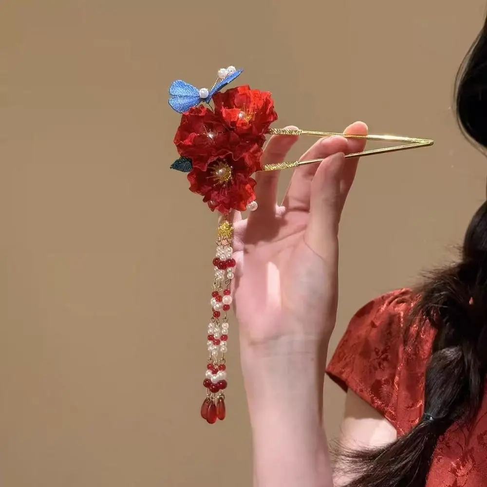 Elegante borla flor vermelha grampo de cabelo novo estilo chinês retro madeira vara de cabelo pérola antigo hanfu hairpin para mulher