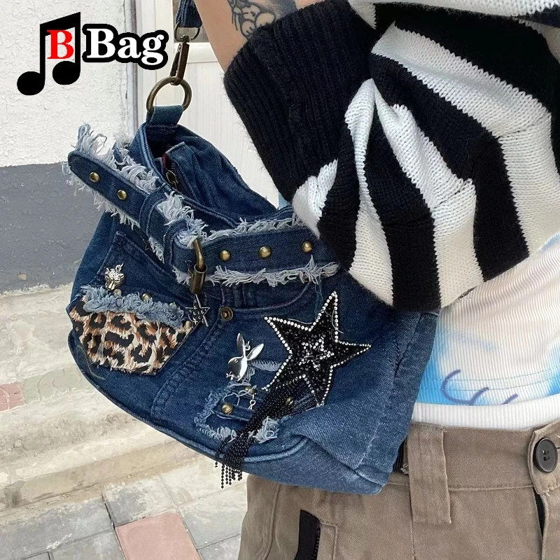 Tri color Cowboy Bag Subculture Homestay Woman Gothic Punk Millennial Spice Girl y2k tote One shoulder Crossbody Handbag