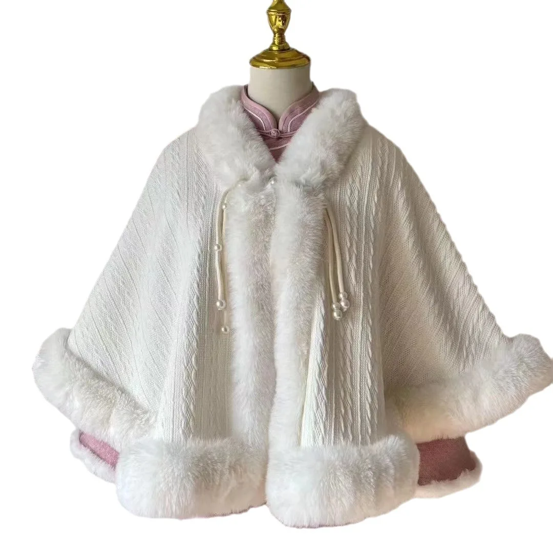 Japan Korea Women Winter Knitted Poncho Cape Outwear Long Faux Fur Collar Cardigan Cloak Loose Batwing  Shawl For Wedding