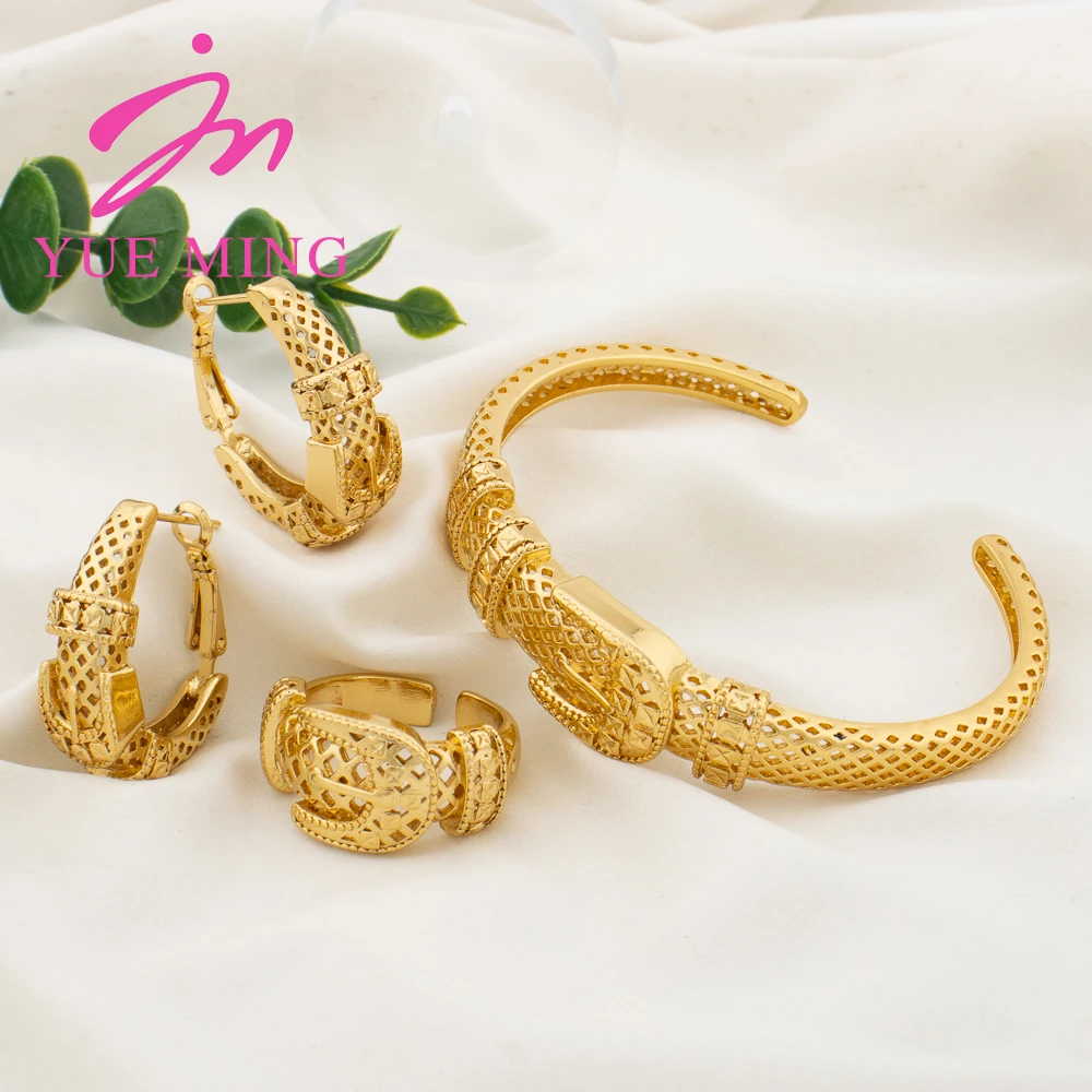 3pcs Jewelry Sets for Women Gold Color Designed Hollow Link Earrings Bracelet Ring Set Fashionable Charm Jewelry Birthday Gifts