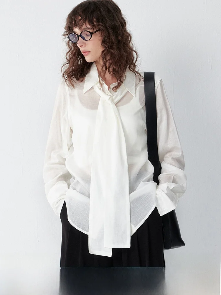 

Женская льняная рубашка с узлом, немнущаяся, дышащая, с длинным рукавом, воротником, стандартного кроя, весна 2026