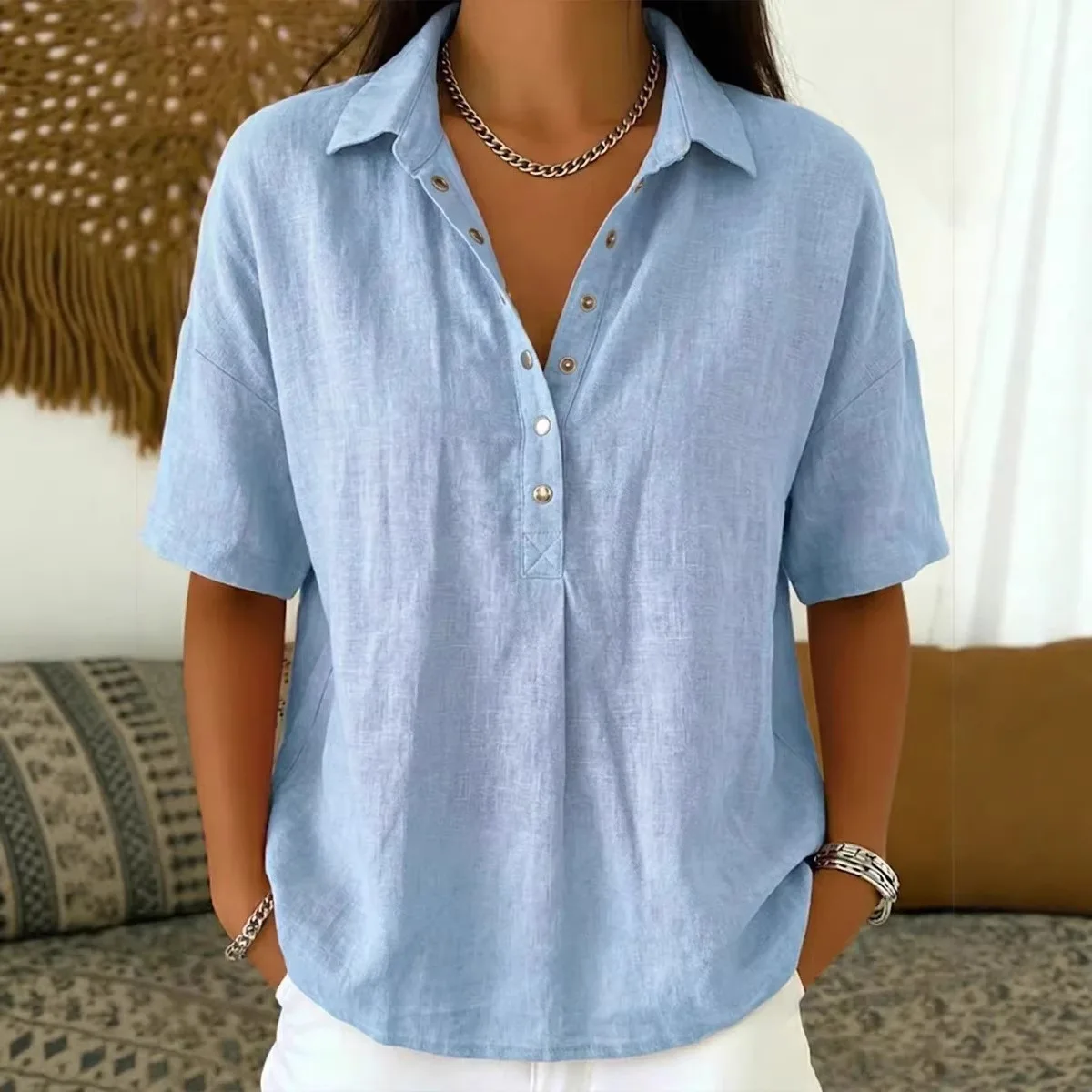 2026 Amazon Cross-Border Independent Station European And American Summer New Women's Loose Comfortable Turn-Down Collar