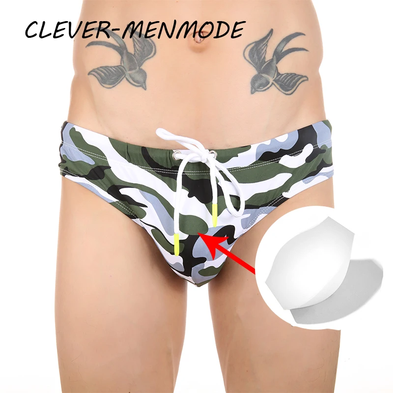 Men's Sexy Swim Trunks Briefs Detachable Front Sponge Pad Raised Pocket Camouflage Swimsuit Low Rise Bikini Surfing Swimwear