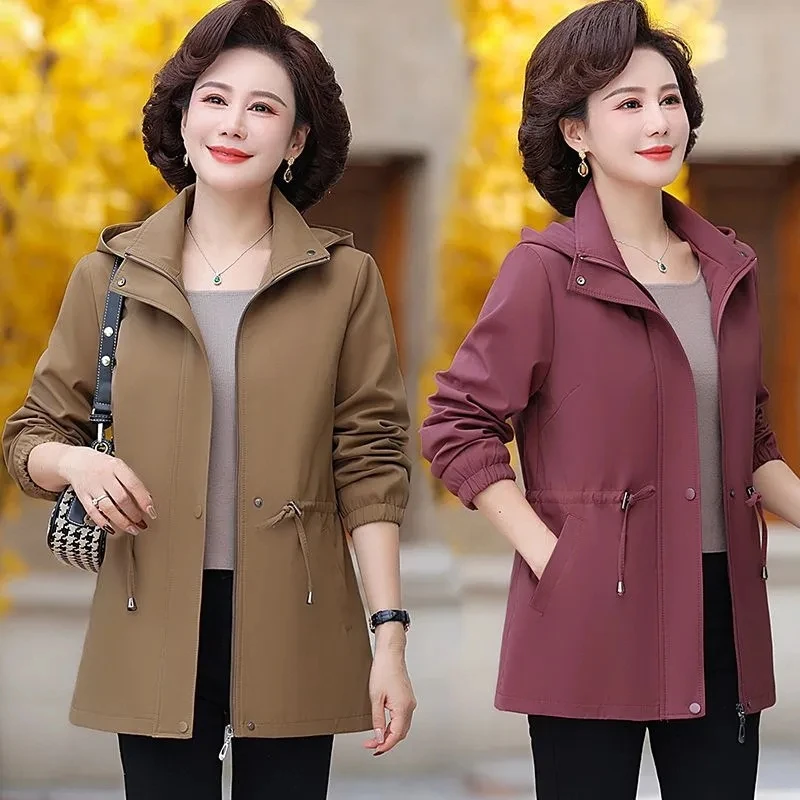 ฤดูใบไม้ผลิฤดูใบไม้ร่วง Trench Coat 2025 ใหม่ผู้หญิง Windbreaker แม่เสื้อผ้า Hooded ผู้สูงอายุชุดลําลองเสื้อ PLUS ขนาด XL-7XL